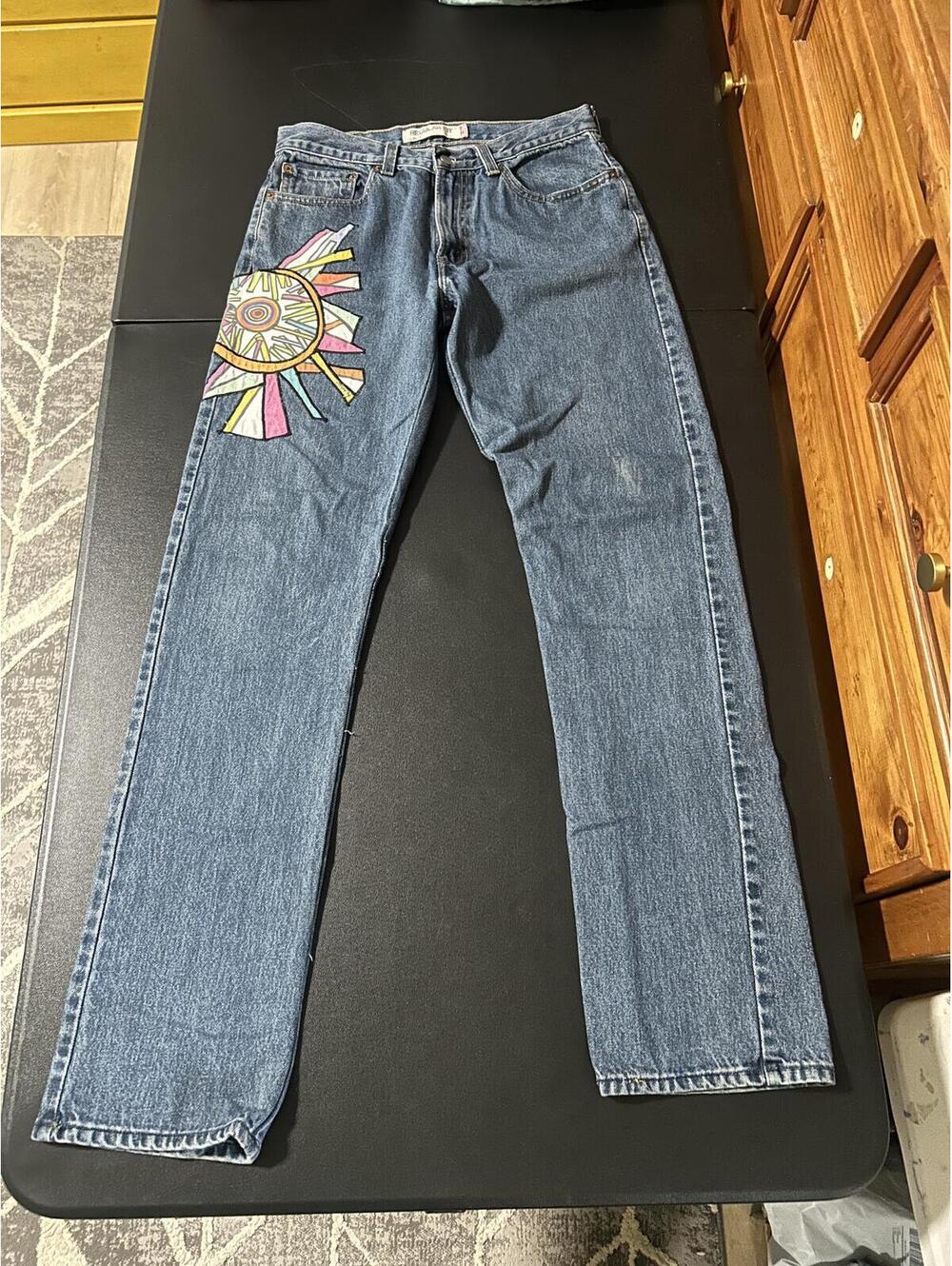 Levi's 505 Regular Fit Men’s Straight Jeans 32x36 Medium Wash Custom Appliqué